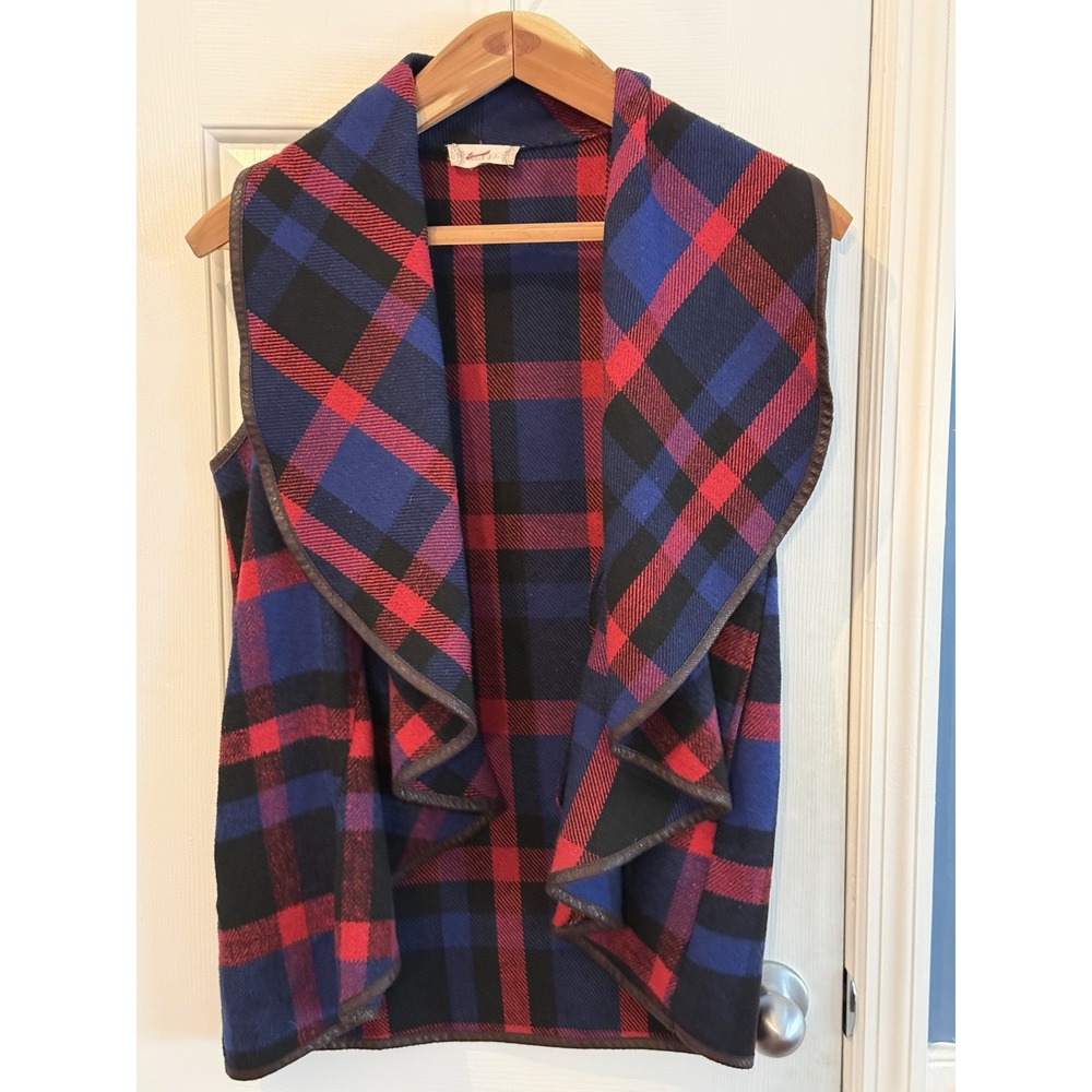 altar'd state Black Red Blue Plaid Ruffle Open Front Vest Fall Winter Casual
